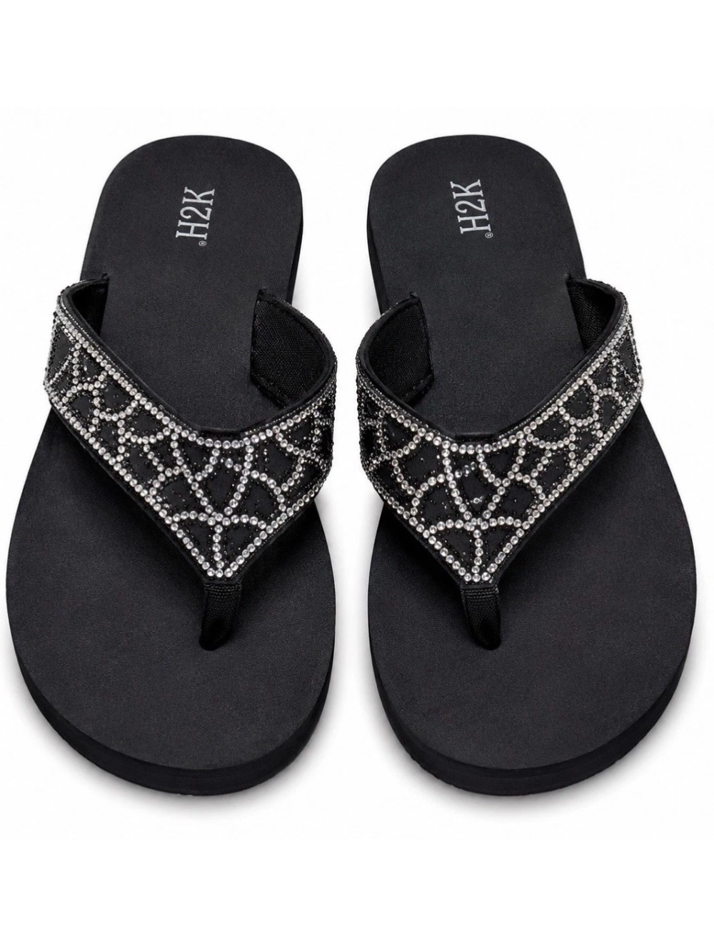 H2K Womens Rhinestone Flip Flop Sandals Black Size 10 Comfort Slides